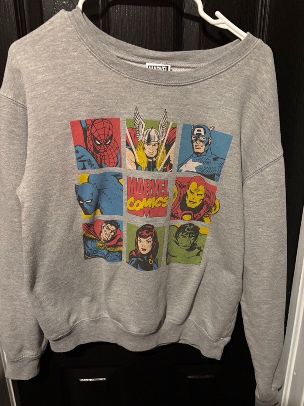 Marvel Gray Crewneck Sweatshirt with Retro Superhero Grid